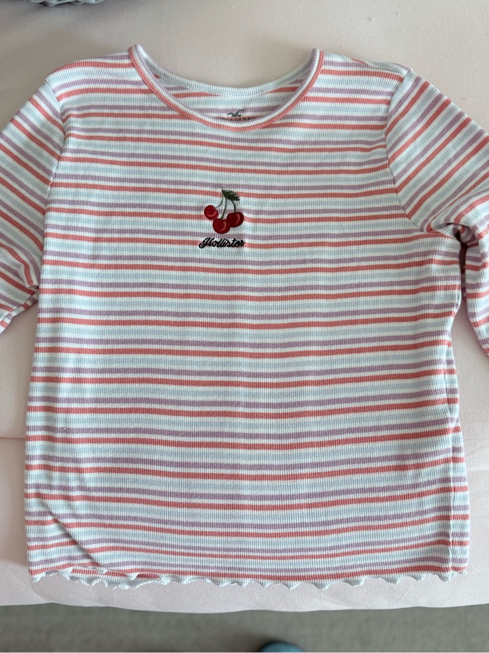 Hollister Pink & White Striped Long-Sleeve Tee with Cherry Patch